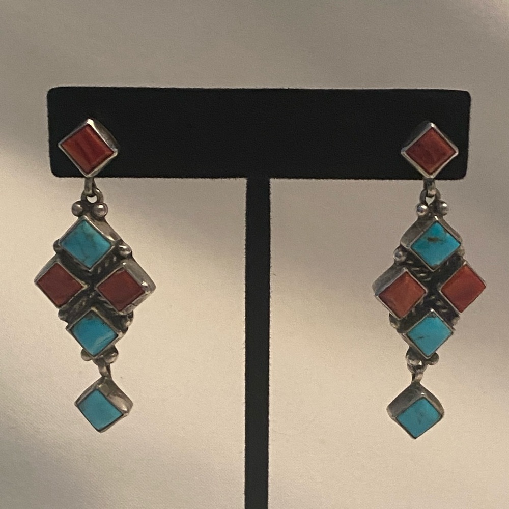 M. SILVERSMITH Navajo Sterling Silver Pierced Earrings Turquoise Coral Dangle